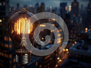 Light Bulb Illuminates Cityscape at Night, Spark Innovation and Bright Ideas