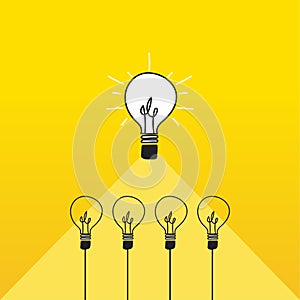 Light bulb illuminating others. Concept of team leader, innovation and creativity in business. Vector illustration