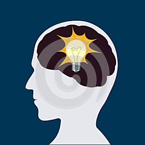 Light bulb inside a human head. Brainstorm and innovation concept