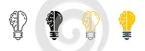 Light Bulb Inspiration, Knowledge, Smart Solution Line and Silhouette Color Icon Set. Human Brain and Lightbulb Idea
