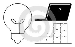 Light Bulb, Laptop, and Puzzle Pieces Conceptualizing Innovation and Problem Solving