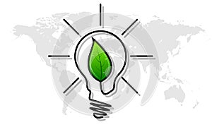 Light bulb with leaf on world map background