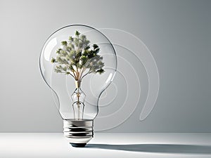 Light bulb with leaves, tree, sprout, or plant. Eco light bulb, energy saving lamp. AI generated