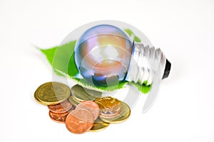 Light bulb with light from the lamp with green leaf and coin on white background - energy saving idea , power saving and the world