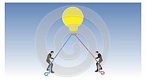 Light bulb lights up yellow grabs two people pull each other using a rope pull. Illustration of competition gets a brilliant idea