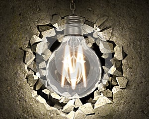 Light bulb like a wrecking ball in front of the hole in destroyed wall.