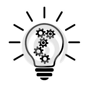 Light Bulb Linear Flat Icon. Lighting Electric Lamp With Cog And Gear Wheels Inside And Rays, Black Simple Vector Pictogram.