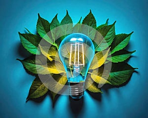 light bulb lit with warm glow on a leaves bed with soft shadows on a blue background, sustainability energy concept with bright