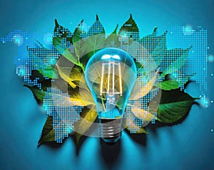 light bulb lit with warm glow on a leaves bed with soft shadows on a blue background, world map doted, sustainability energy