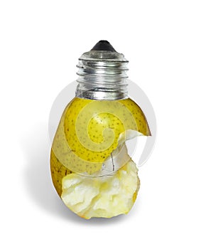 Light bulb made from bitten off green pear isloated on white background. Photomanipulation