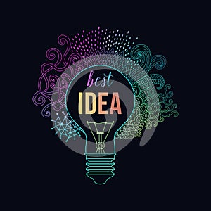 Light bulb made of handdrawn doodles, creative concept. Vector concept - creativity and idea. Lettering. quote. Creative