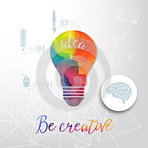 Light bulb made of watercolor, lightbulb and creative icons, watercolor creative concept. Vector concept - creativity and idea. Le