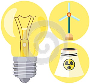 Light bulb near wind turbine and nuclear power plant icons. Production of eco friendly electricity