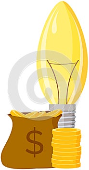 Light bulb next to money bag with gold coins. Innovation product, creative idea for capital increase