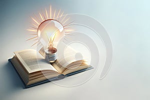 A light bulb in an open book on a light background. Space for text.
