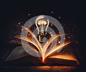 Light bulb and opened vintage book style vintage dark background,The idea of reading books, knowledge, and searching for new ideas