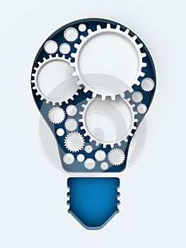 Light bulb paper cut with gears and copyspace, 3d photo