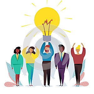 Light bulb. People work in a team and achieve the goal. Vector illustration.