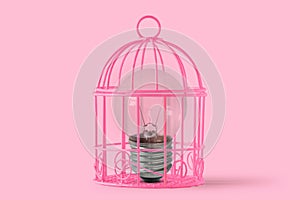 Light bulb in pink bird cage on pink background - Concept of woman`s mind and freedom