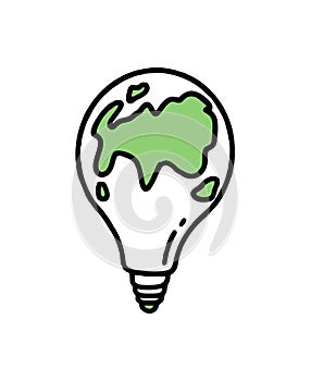 A light bulb with a planet inside. Co2 concept of climate change. Recycling. Vector isolated doodle