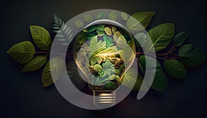 Light bulb plant inside dark nature:..Compositing green leaves recycled props containing trees simplicity connectedness solar