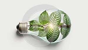 Light bulb with plant leaves. Green energy.