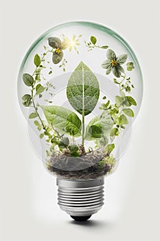 Light bulb with plant leaves. Green energy.