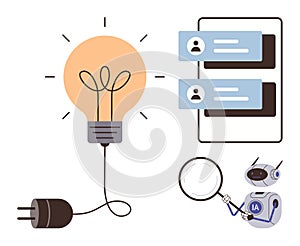 Artificial intelligence analyzing online data with chatbot and light bulb innovation concept