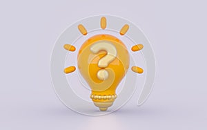 Light bulb question mark glossy bright realistic sign on white background 3d render