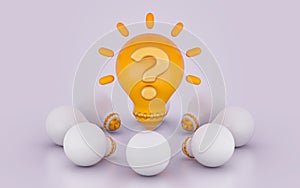 Light bulb question mark glossy bright realistic sign on white background 3d render