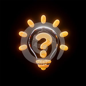Light bulb question mark glossy neon bright realistic sign on black background 3d render