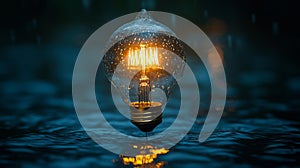 Light Bulb in Rain with Water Reflections
