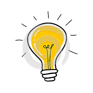 Light bulb with rays shine. Cartoon style. Flat style. Hand drawn style. Doodle style. Symbol of creativity, innovation,