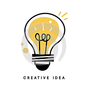 Light bulb with rays shine. Cartoon style. Flat style. Hand drawn style. Doodle style. Symbol of creativity, innovation,