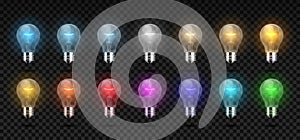 Light bulb. Realistic glowing incandescent and LED lamp from cold to white and warm light, RGB color lights. Vector