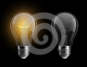 Light bulb realistic. Glowing and turned off isolated on black lamps. Bright yellow glow, electrical equipment. Creative