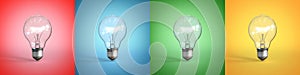 Light bulb on red blue green and yellow background 3d rendering