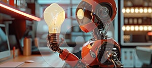 Light bulb and robot at desk, enhanced with ray tracing.