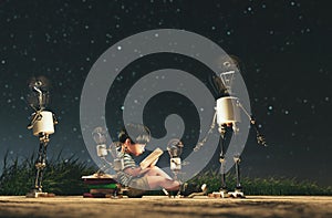 Light bulb robot giving a light to the boy who reading a book in starry night