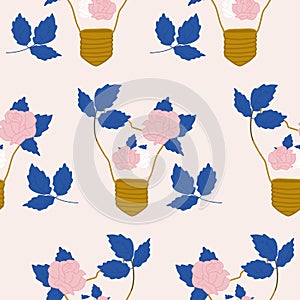 Light bulb with roses and blue leaves in a seamless pattern design