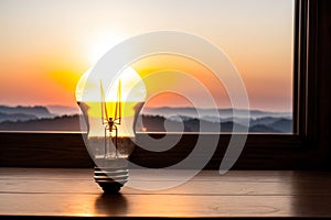 A light bulb s filament glowing into a radiant sunrise