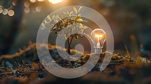 Light Bulb and Sapling in a Forest Setting