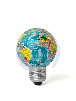 A light bulb in the shape of a model of the globe isolated on a white background