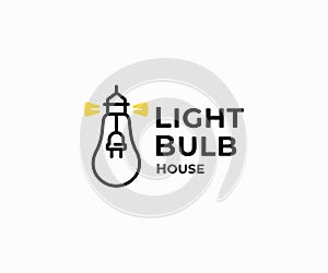 Light bulb shaped lighthouse logo design. Navigation beacon and electrical plug vector design