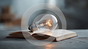 Light bulb shining on open book symbolizing idea and knowledge