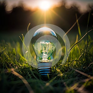 Light bulb sitting in the grass with the sun setting behind it. Generative AI