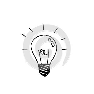 Light Bulb. Sketch of an electric device. Black and white illustration. Cartoon doodle lighting concept and ideas