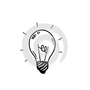 Light Bulb. Sketch of an electric device. Black and white illustration. Cartoon doodle lighting concept and ideas