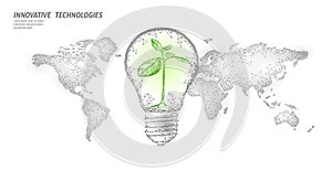 Light bulb with small plant on world map. Lamp saving energy ecology environment sprout idea concept. Polygonal light