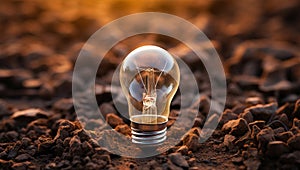 Light bulb on soil background with copy space. Energy saving concept